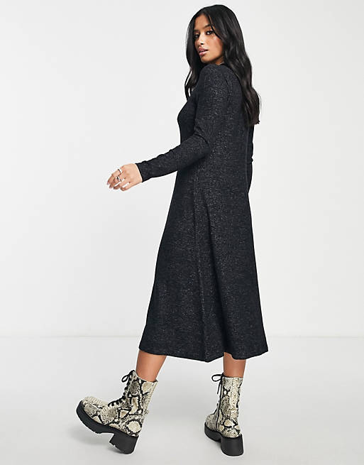 ASOS DESIGN Petite super soft long sleeve midi swing dress in charcoal