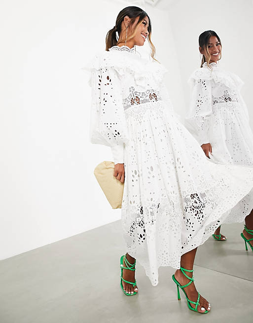 ASOS EDITION eyelet midi dress with ruffle detail in white