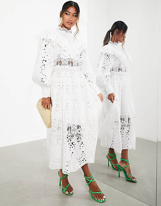 ASOS EDITION eyelet midi dress with ruffle detail in white