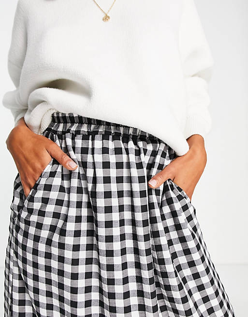 ASOS DESIGN tiered midi skirt with pockets in gingham