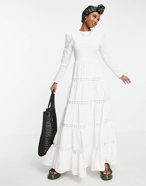 ASOS DESIGN shirred mixed broderie tiered maxi dress with lace inserts in white