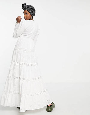 ASOS DESIGN shirred mixed broderie tiered maxi dress with lace inserts in white