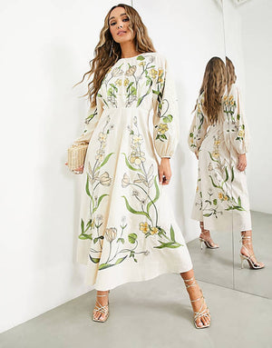 ASOS EDITION large scale floral and leaf embroidered midi dress in cream