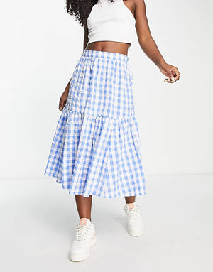 Monki seersucker ruffle midi skirt in blue and white gingham