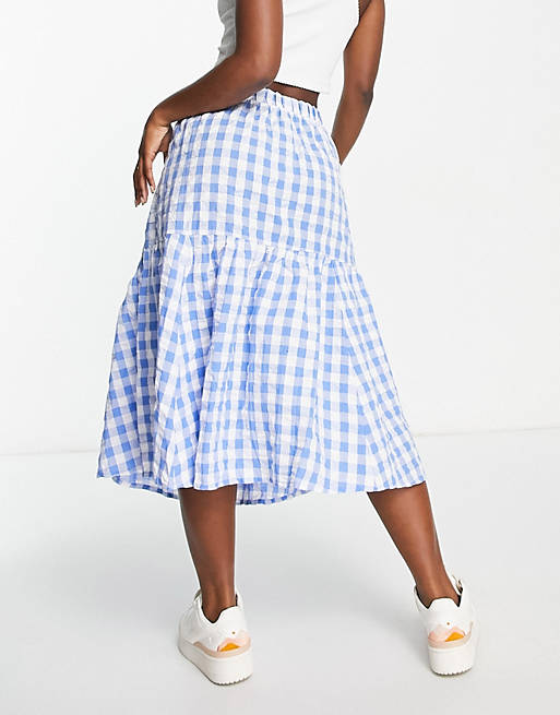 Monki seersucker ruffle midi skirt in blue and white gingham