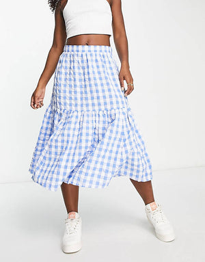 Monki seersucker ruffle midi skirt in blue and white gingham