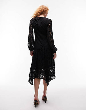 Topshop ruched lace long sleeve midi dress in black