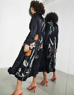 ASOS EDITION floral embroidered satin midi dress with drawstring channel in black