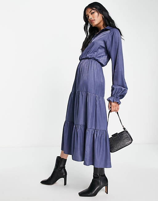 Lola May midaxi tiered shirt dress in blue