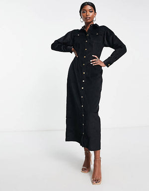 ASOS DESIGN cord midi shirt dress in black