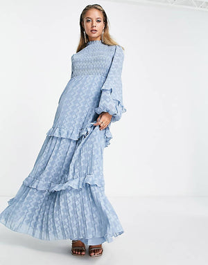 ASOS DESIGN high neck dobby shirred pleated maxi dress with frill edge in dusty blue