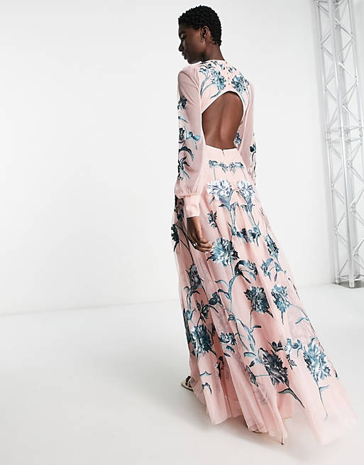 ASOS EDITION blouson sleeve floral embroidered maxi dress with open back in light pink