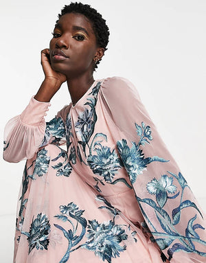 ASOS EDITION blouson sleeve floral embroidered maxi dress with open back in light pink