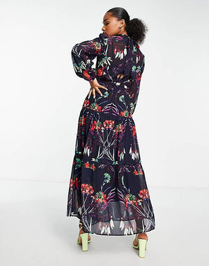 Hope & Ivy long sleeve tie waist maxi dress in navy floral