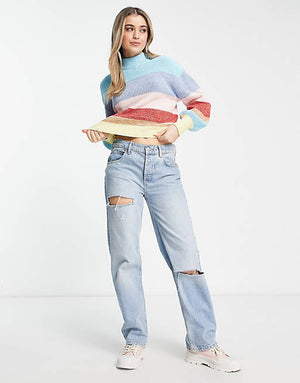 Monki high neck knit sweater in rainbow stripe