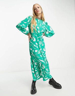 ASOS DESIGN mixed print high neck smock maxi dress in green abstact print