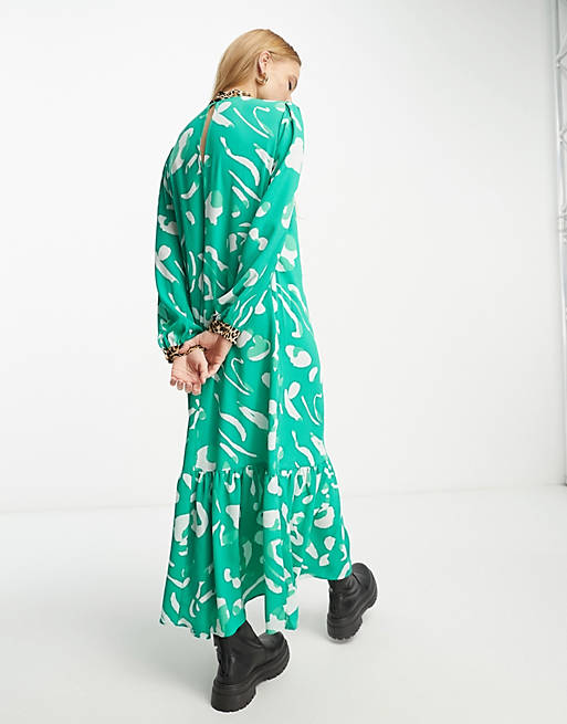 ASOS DESIGN mixed print high neck smock maxi dress in green abstact print