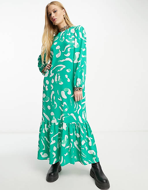 ASOS DESIGN mixed print high neck smock maxi dress in green abstact print