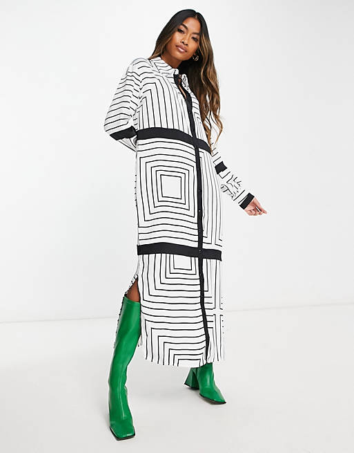 Vila satin maxi shirt dress in mono print