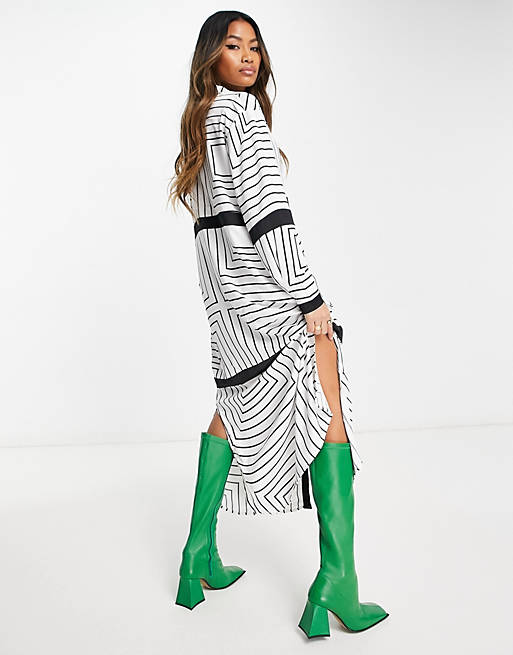 Vila satin maxi shirt dress in mono print