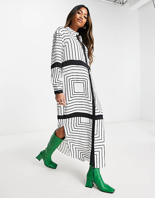 Vila satin maxi shirt dress in mono print