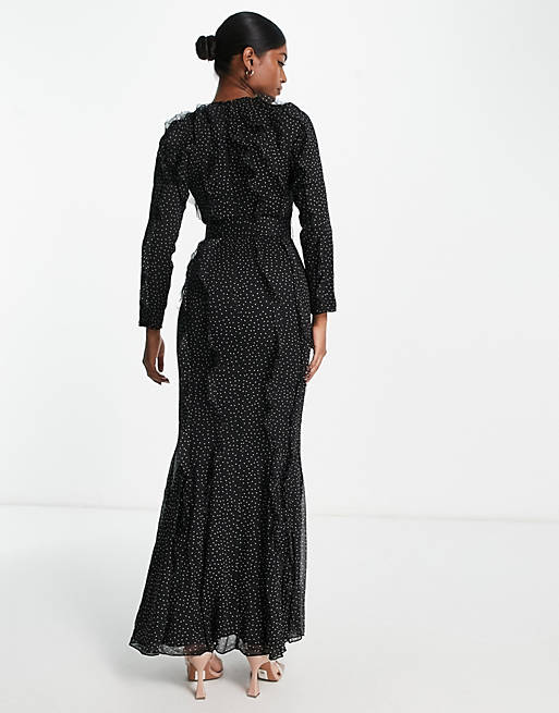 ASOS DESIGN long sleeve ruffle detail maxi dress in black based mono spot