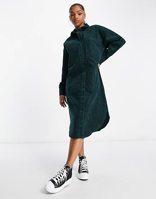 Monki cord shirt dress in dark green