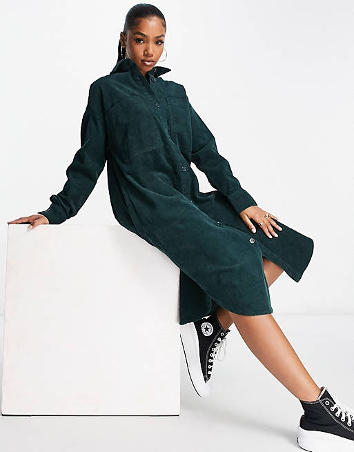 Monki cord shirt dress in dark green