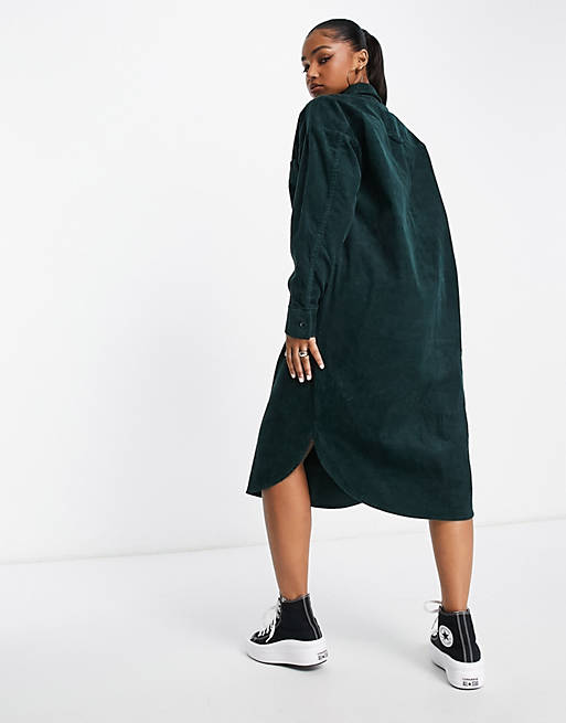 Monki cord shirt dress in dark green