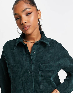 Monki cord shirt dress in dark green