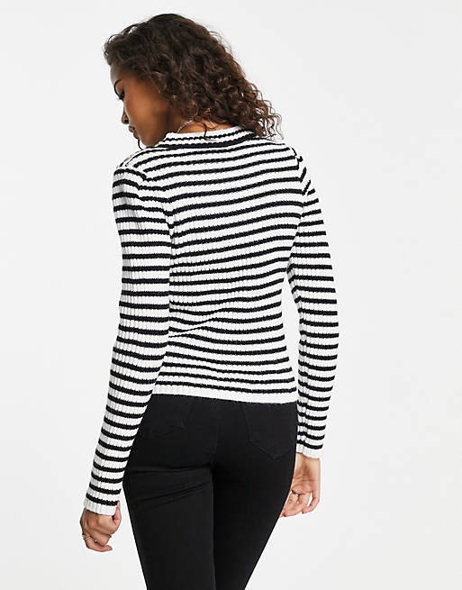 New Look knit striped sweater with button shoulder detail in black