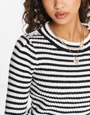 New Look knit striped sweater with button shoulder detail in black