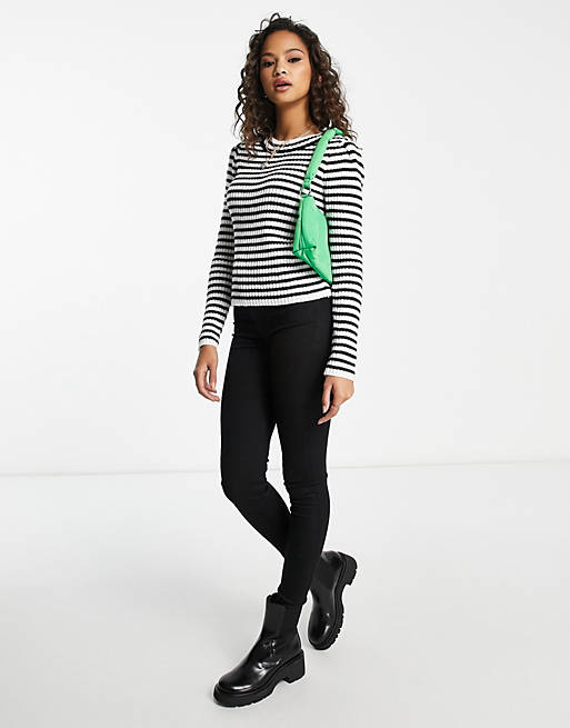 New Look knit striped sweater with button shoulder detail in black