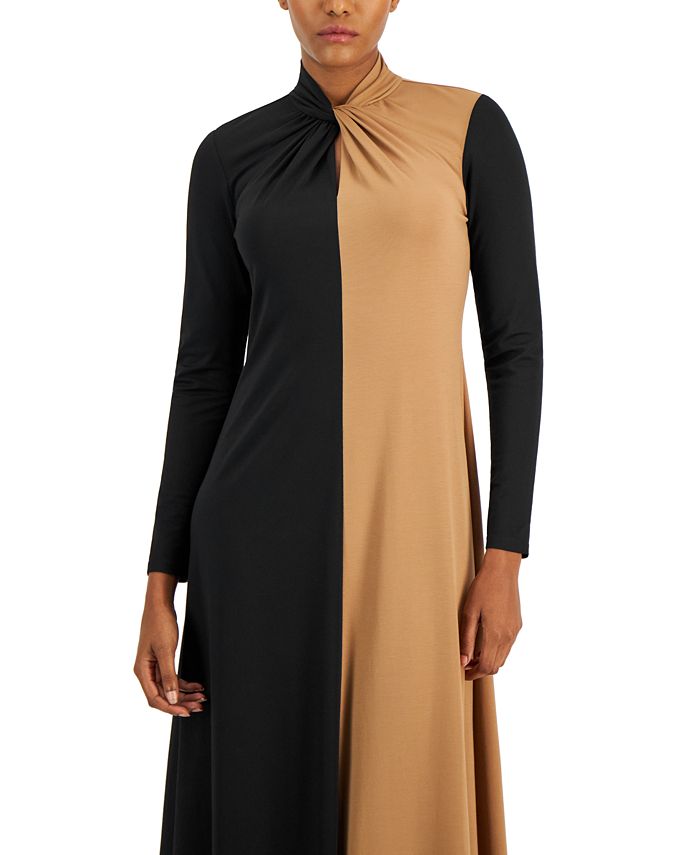 Anne Klein - Women's Colorblock Twist-Neck Long-Sleeve Midi Dress