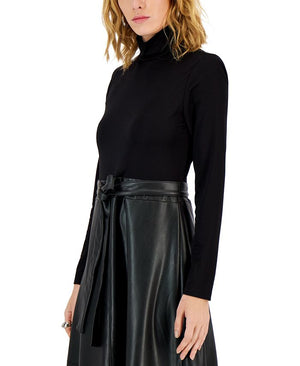 Anne Klein - Faux-Leather A-Line Midi Dress