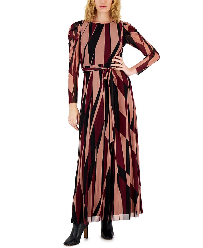 Anne Klein - Mesh Printed Puff-Sleeve Maxi Dress