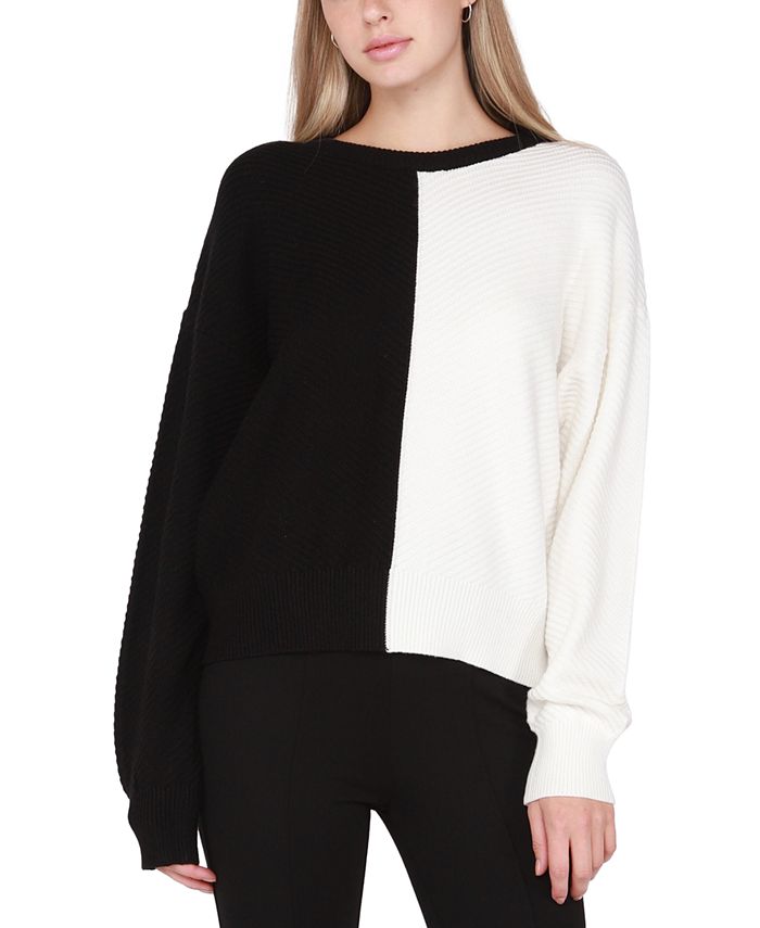 Black Tape - Women's Crew-Neck Colorblocked Chevron-Ribbed Sweater