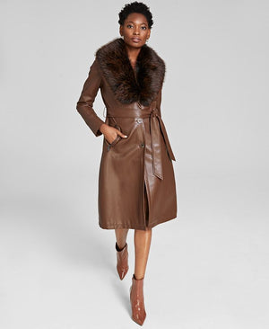 Kenneth Cole - Women's Faux-Fur-Trim Faux-Leather Coat