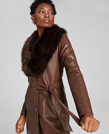 Kenneth Cole - Women's Faux-Fur-Trim Faux-Leather Coat