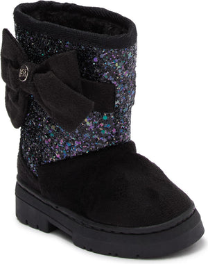 BEBE Glitter Bow Faux Fur Lined Winter Boot, Main, color, BLK