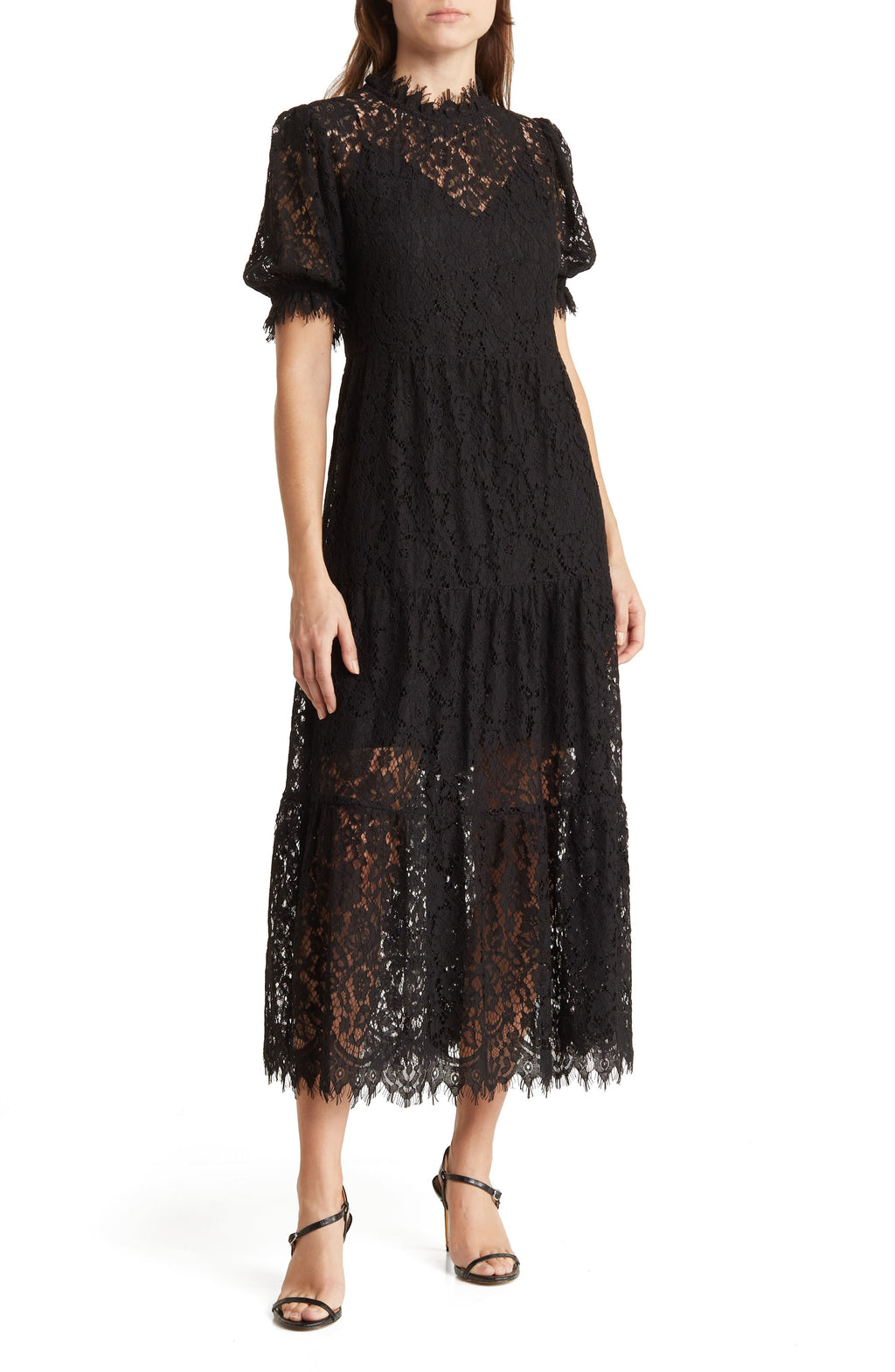 SOCIALITE Short Sleeve Lace Midi Dress, Main, color, BLACK