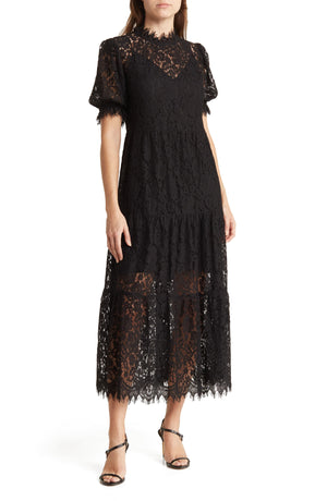 SOCIALITE Short Sleeve Lace Midi Dress, Main, color, BLACK