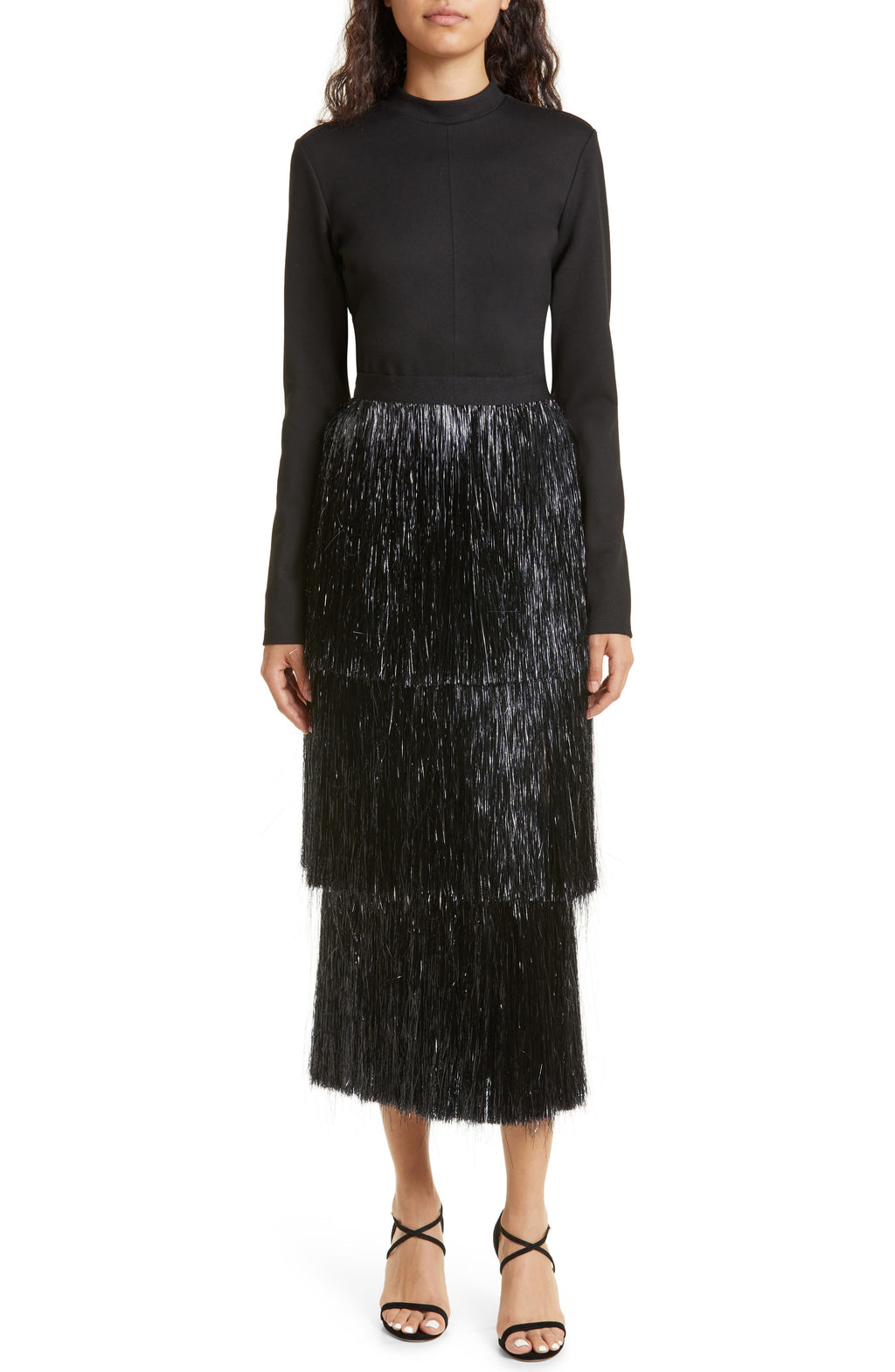 SIMKHAI Barrett Tinsel Long Sleeve Cocktail Dress, Main, color, BLACK