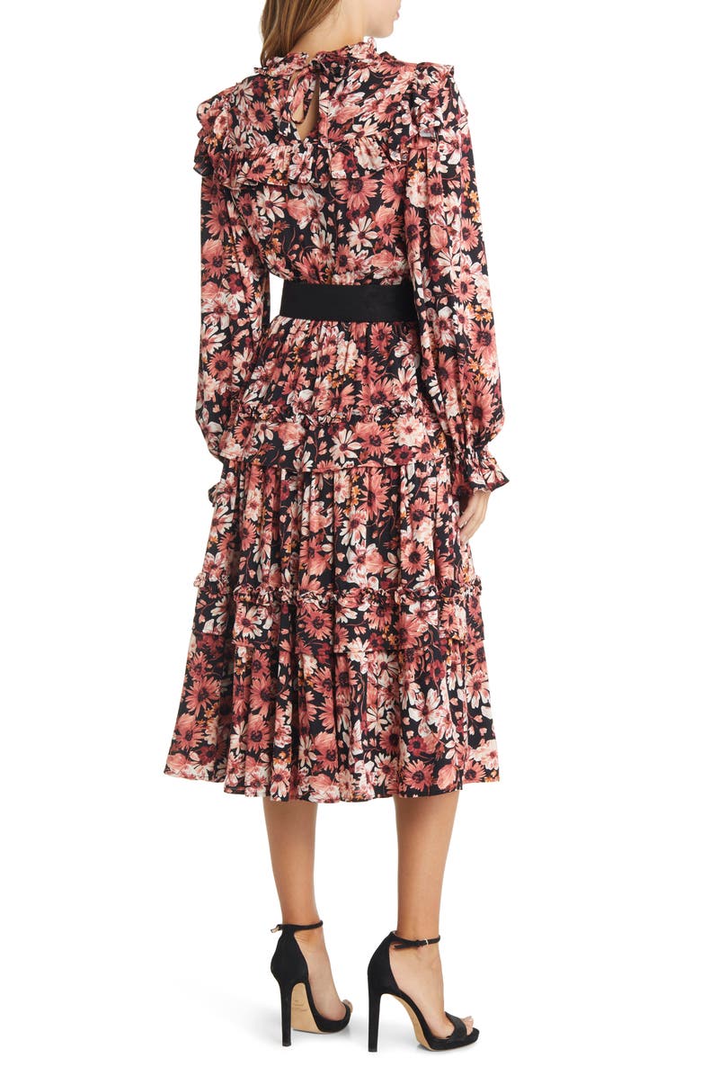 RACHEL PARCELL Floral Print Ruffle Long Sleeve Belted Tiered Midi Dress