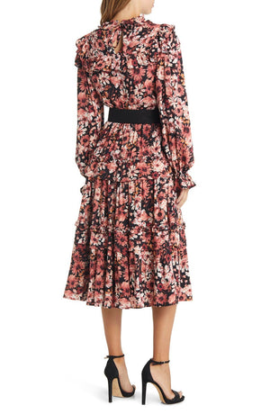 RACHEL PARCELL Floral Print Ruffle Long Sleeve Belted Tiered Midi Dress