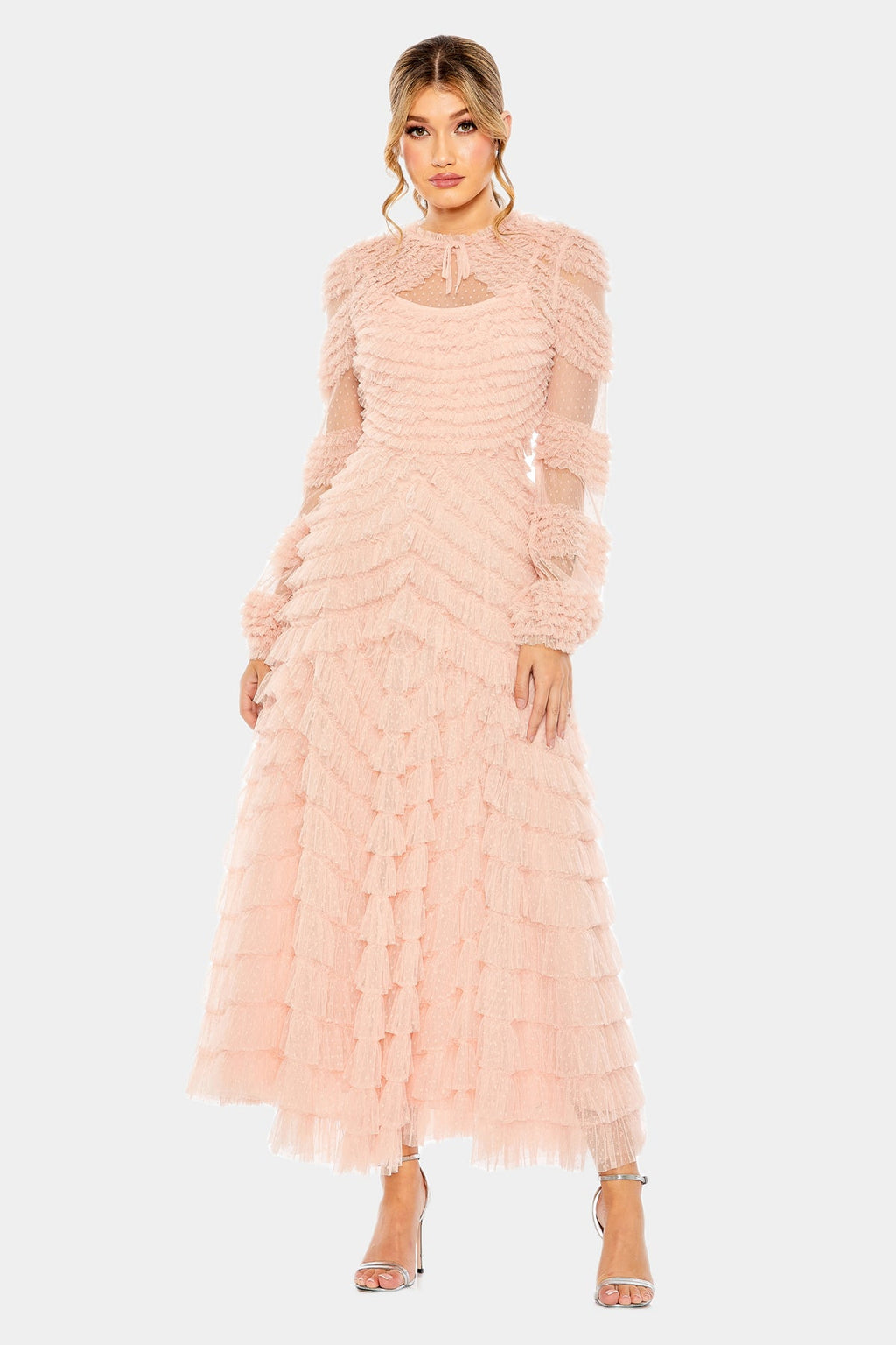 High Neck Puff Long Sleeve Ruffle Tiered Gown