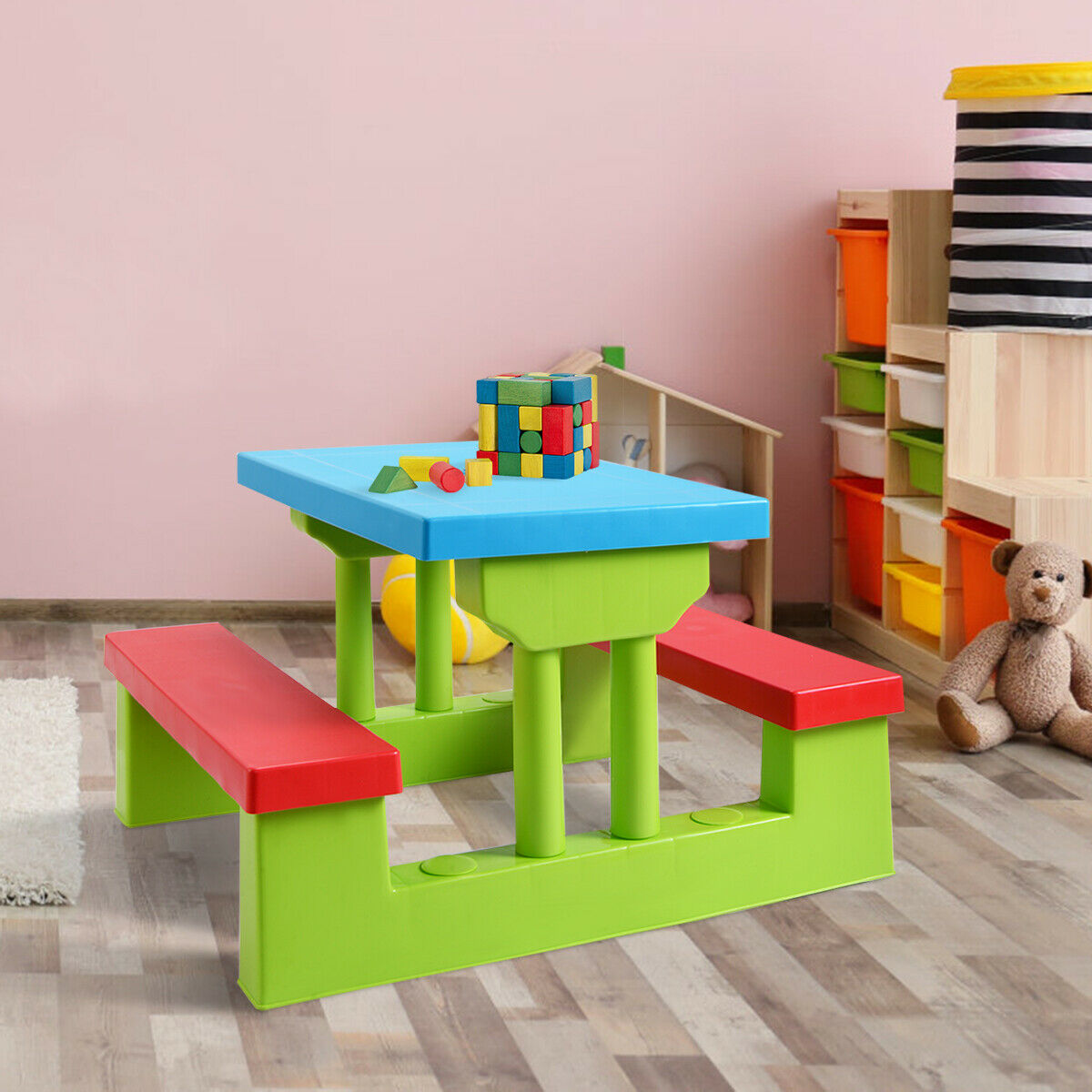 image 1 of Costway 4 Seat Kids Picnic Table w/Umbrella Garden Yard Folding Children Bench Outdoor