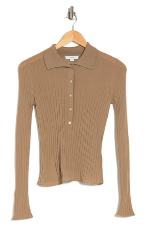 VINCE Long Sleeve Ribbed Knit Wool Polo, Main, color, SANDSTONE