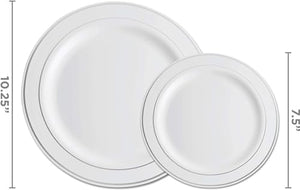 125 Piece Silver Dinnerware Party Set - 50 Silver Rim Plastic Plates, 25 Dinner 25 Dessert Plates, 25 Knives, 25 Forks, 25 Spoons - 25 Guest Disposable Set for Wedding Birthday Parties