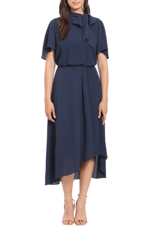 LONDON TIMES Side Tie Flutter Sleeve Blouson Dress, Main, color, NAVY